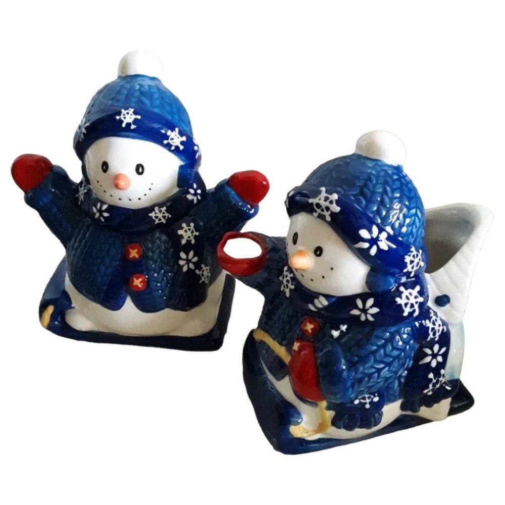 Home Trends Homespun Holiday Collection Ceramic Blue Snowman Sugar & Creamer Set